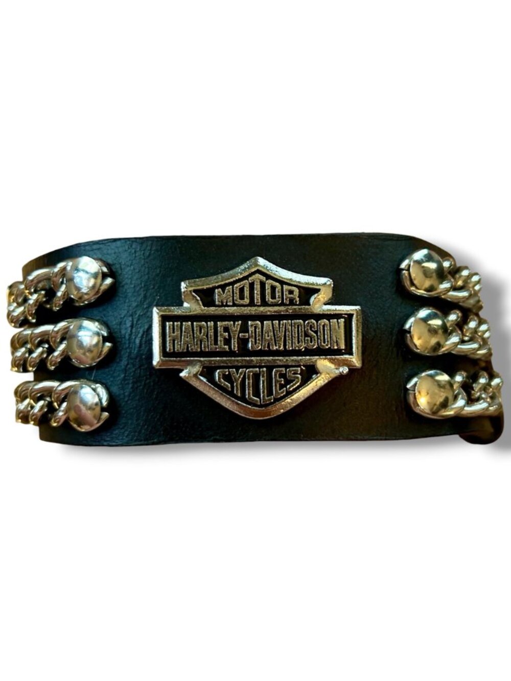 Harley-Davidson Black Leather Cuff Bracelet With Silver Chains Logo Design - Picture 4 of 6